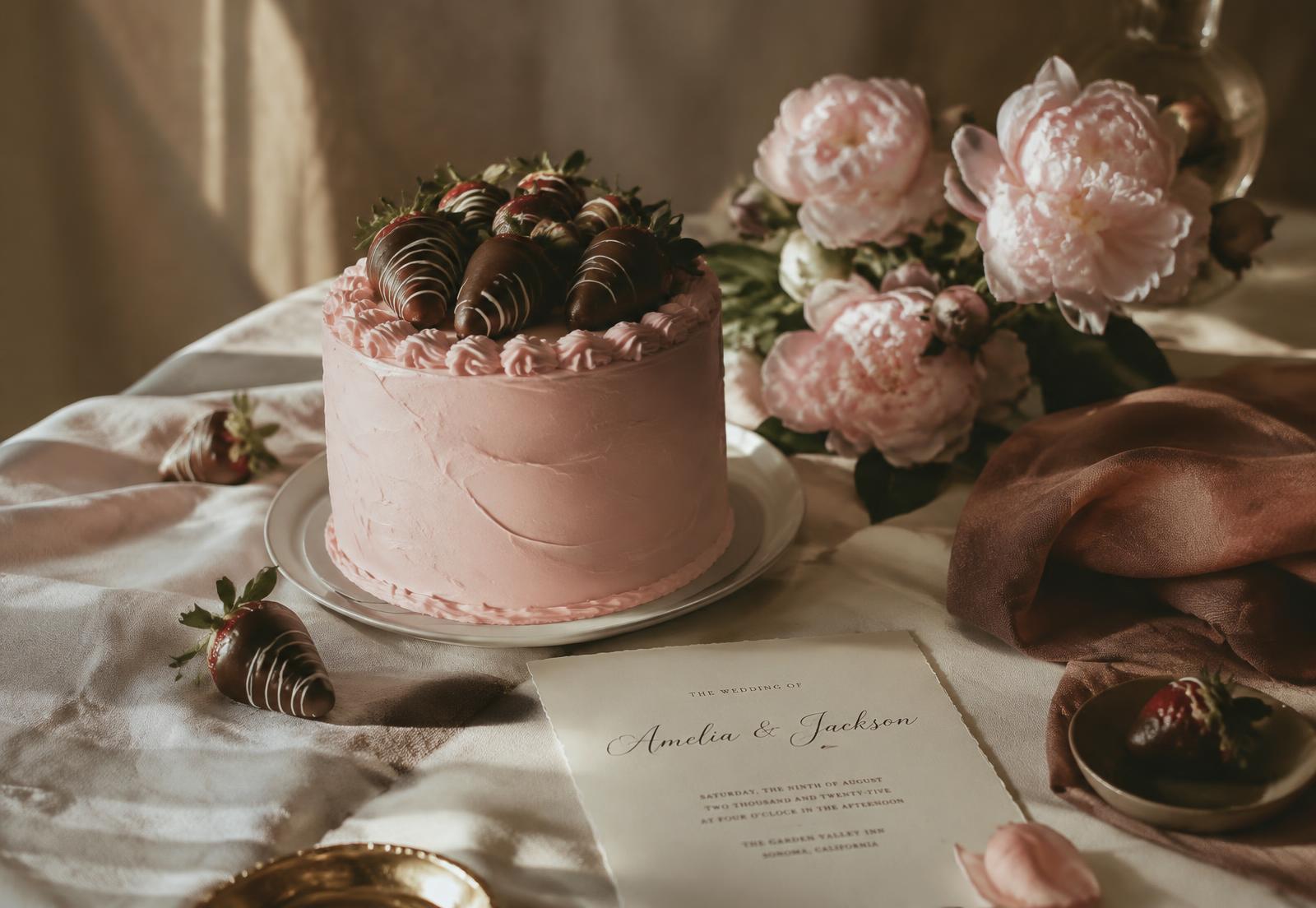 Blush cake topped with chocolate-dipped strawberries beside peonies